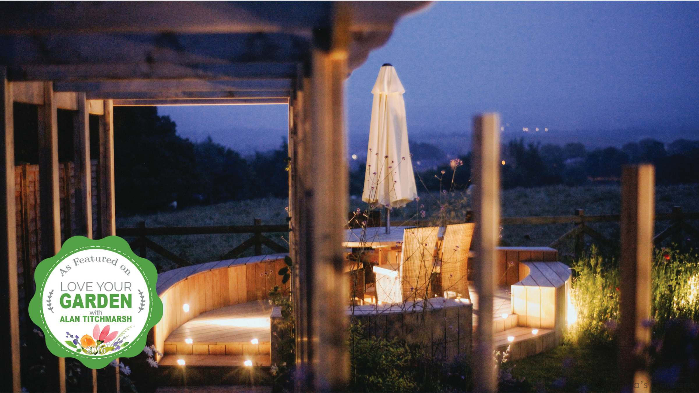 Evening atmosphere on the deck, Sophia's Garden Featured in Alan Titchmarsh Love Your Garden