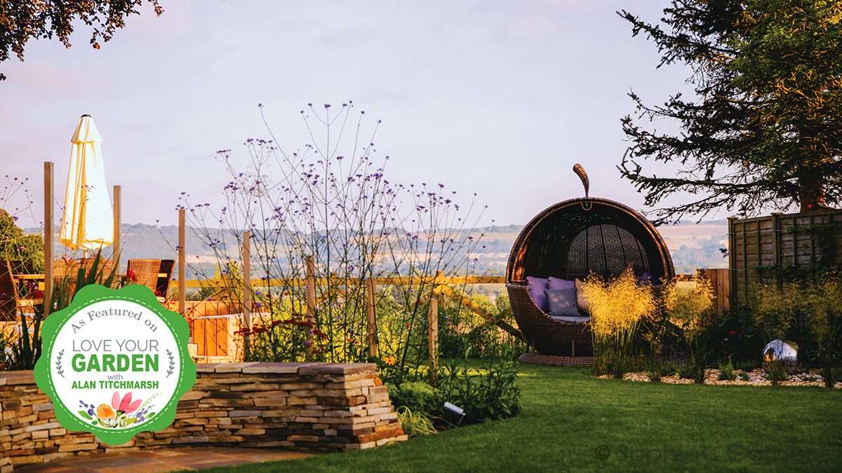 Apple pod, stone seat, deck and a beautiful view in Sophia's TV-featured garden - Wylam Garden by Sophia's Gardens