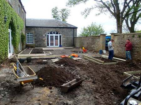 Image of beautiful planting, a patio with a surrounding stone wall and a greenhouse in the distance