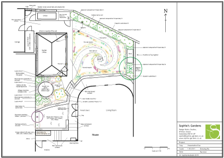 Plan of a spiral pictorial-meadow family garden built around a home office